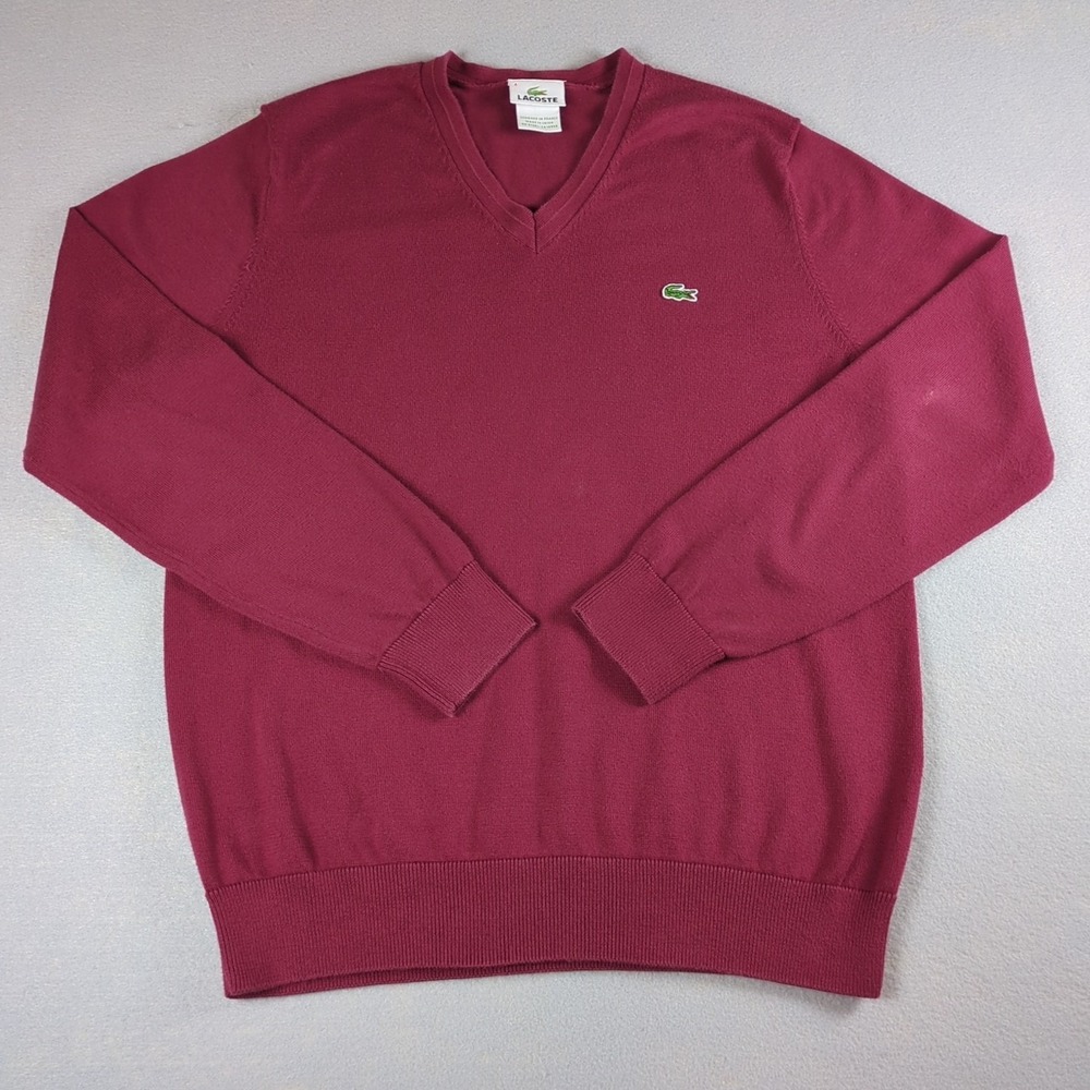 Lacoste Sweater Mens 4 Small Red Burgundy Pullover V Neck 100% Cotton Modern